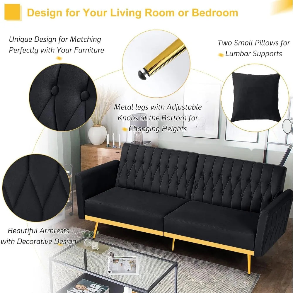70” Velvet Futon Sofa Bed with 2 Pillows and Adjustable Armrests
