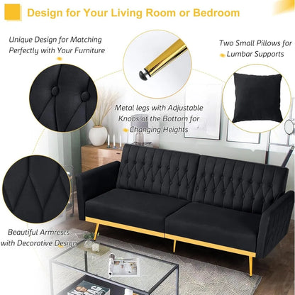 70” Velvet Futon Sofa Bed with 2 Pillows and Adjustable Armrests