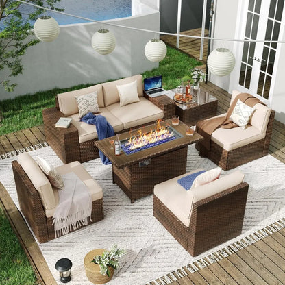 7 Piece Outdoor Wicker Patio Furniture Set with 44 " Fire Pit Table