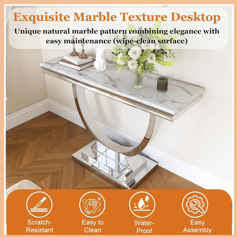 Modern Rectangular Entryway Table w/ White Faux Marble