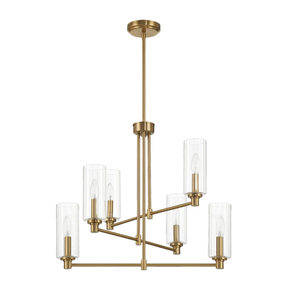 Timeless Six Lights Chandelier With Clear Ribbed Glass - Satin Brass