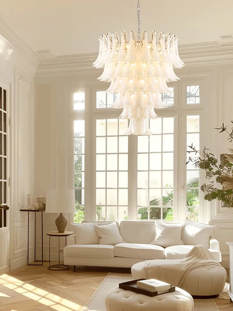 Cloudy White Glass Flower Petal Vintage Chandelier