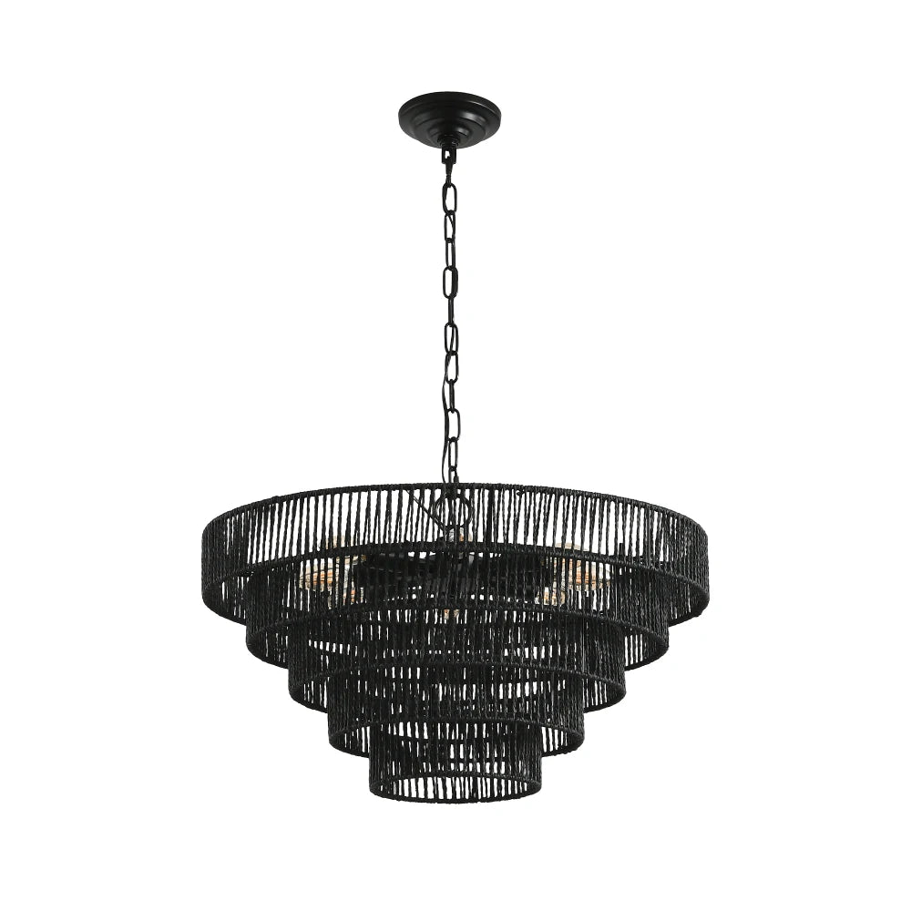 24" Rustic 5-Tier Black Hemp Rope Pendant Light Chandelier