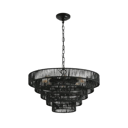24" Rustic 5-Tier Black Hemp Rope Pendant Light Chandelier