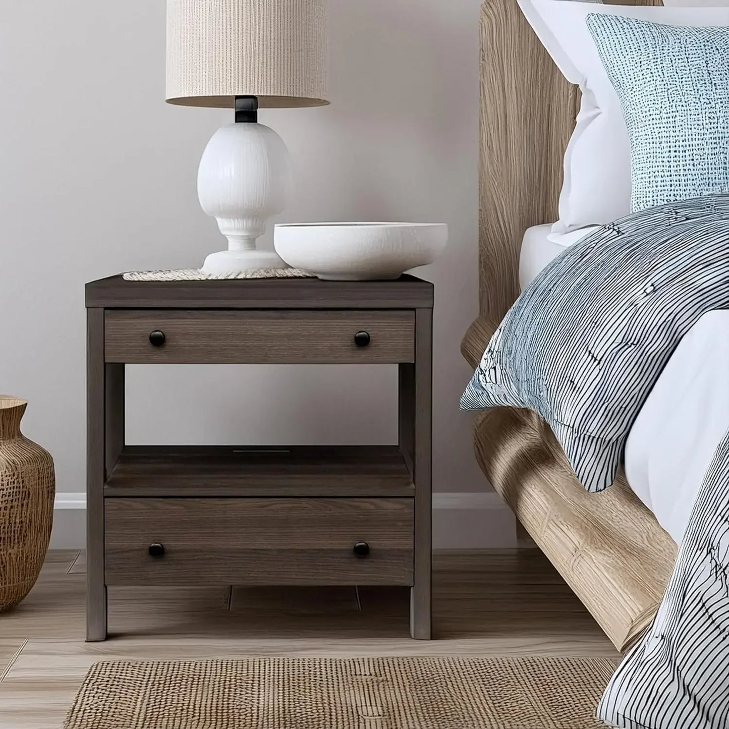 Modern 2 Drawer Wooden Nightstand with Charging Station