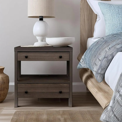 Modern 2 Drawer Wooden Nightstand with Charging Station