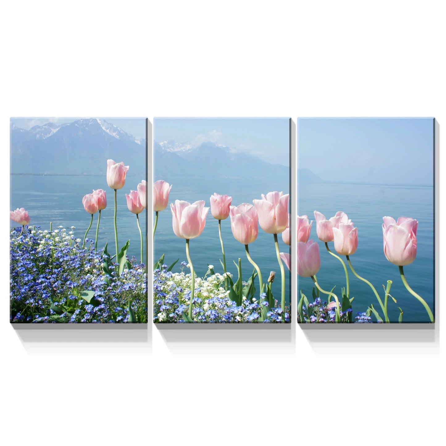 3 Panels Framed Pink Tulip Beside Sea Canvas Wall Art