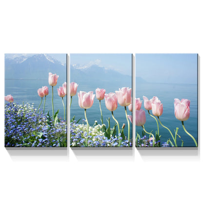 3 Panels Framed Pink Tulip Beside Sea Canvas Wall Art