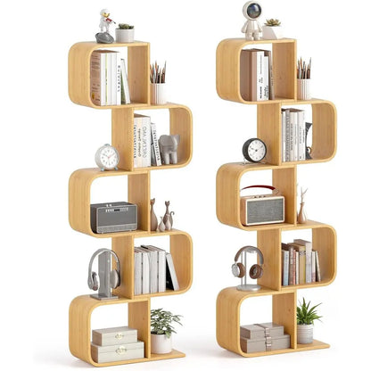 5-Tier Bamboo S-Shape Bookshelf with Open Cubes f