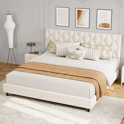 Beige King-Size Upholstered Headboard Bed Frame