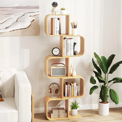 5-Tier Bamboo S-Shape Bookshelf with Open Cubes f