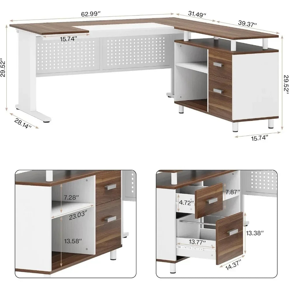 63" Executive L Shaped Office Desk with File Cabinet