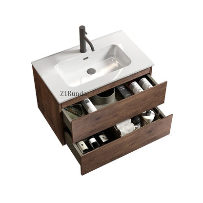 Wall Mounted 30 " Walnut Bathroom Vanity with Ceramic Sink