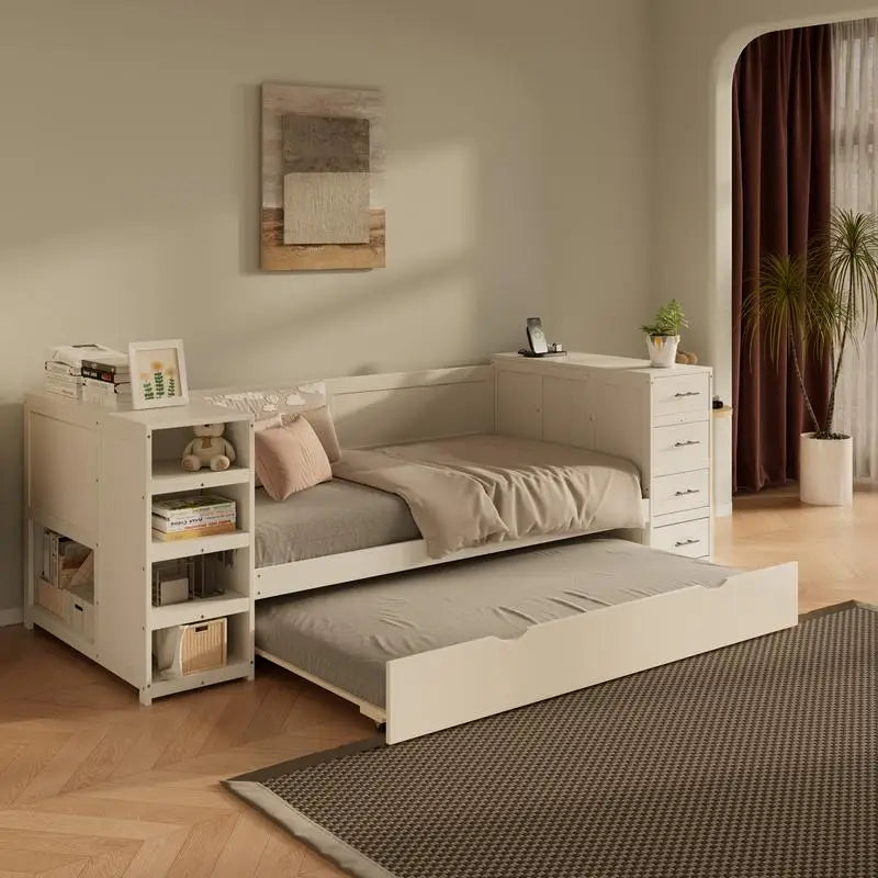 White Wooden Twin Size Daybed with  Storage Drawers