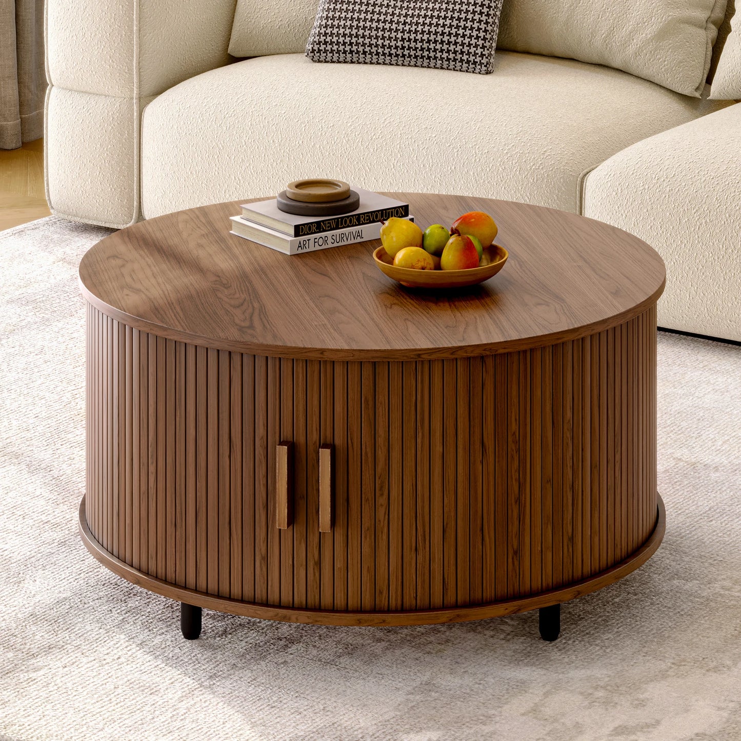 Round Fluted Wood Coffee Table with Storage