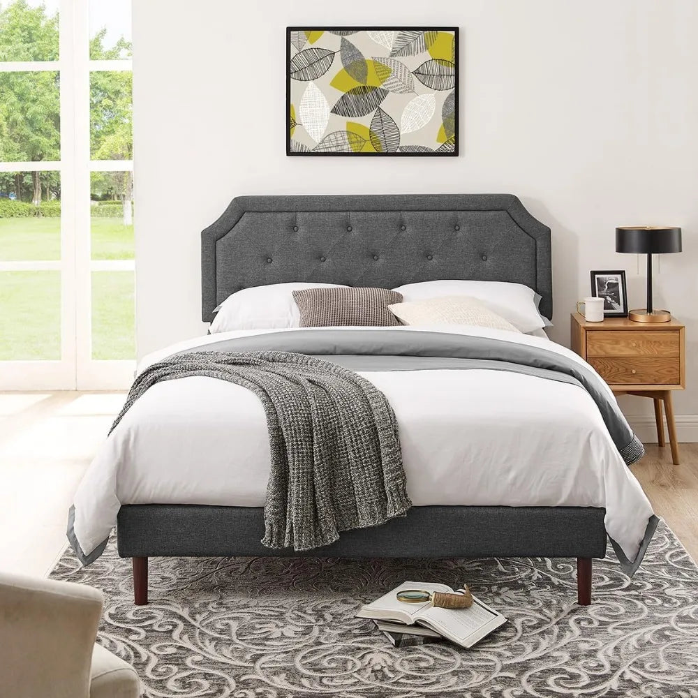 Bed Frame Queen Size Platform with Tufted Upholstered Headboard and Wood Slat Support,Adjustable Height Headboards