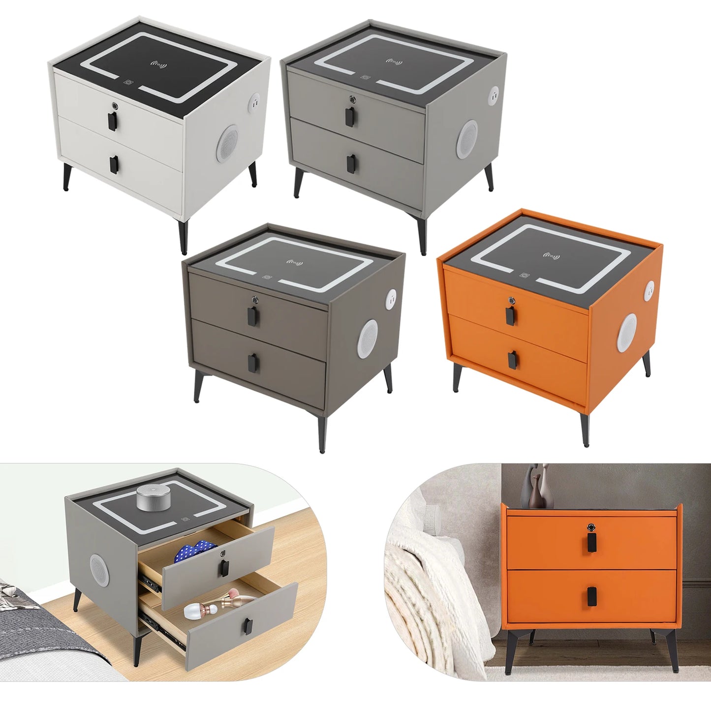 Modern 2-Drawer Smart Bedside Table with Wireless Charging USB Port Fingerprint Lock LED Light and Bluetooth Speaker for Bedroom