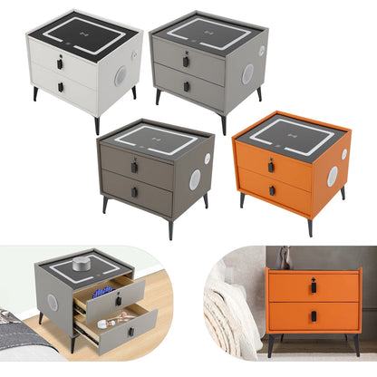 Modern 2-Drawer Smart Bedside Table with Wireless Charging USB Port Fingerprint Lock LED Light and Bluetooth Speaker for Bedroom