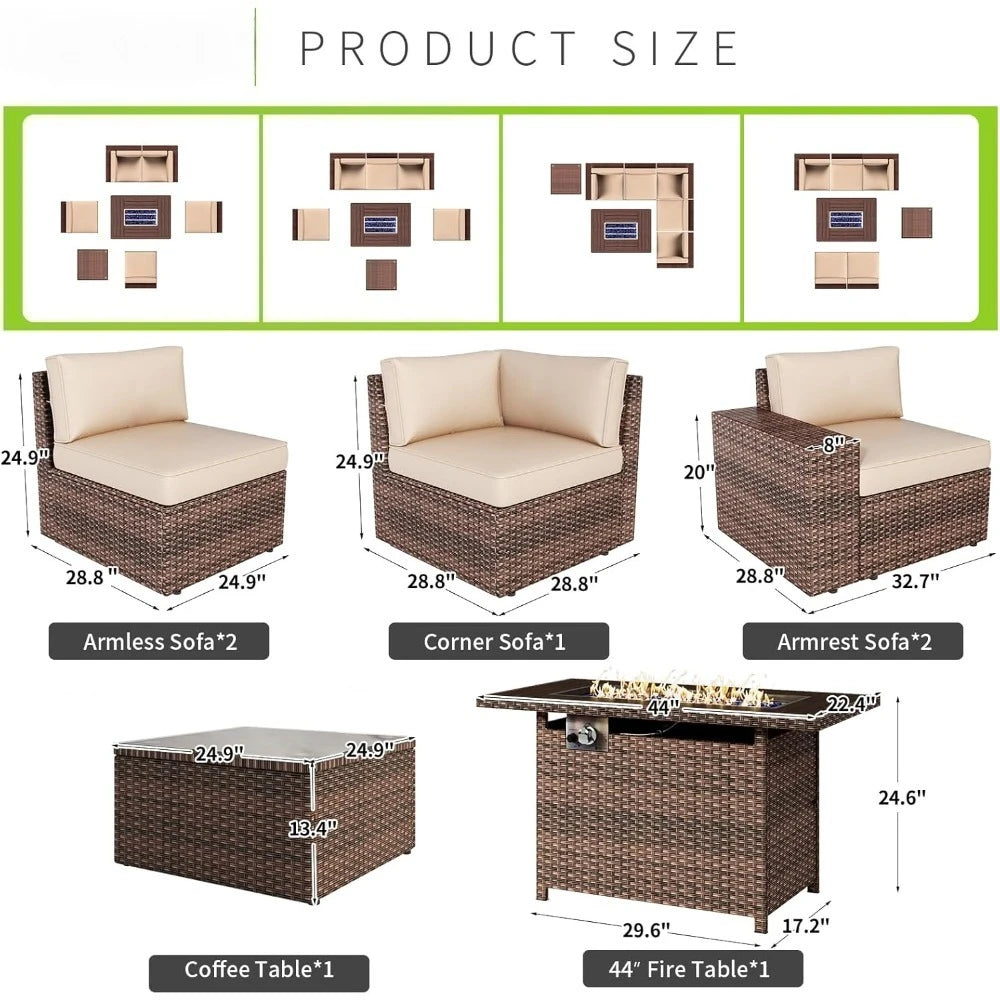 7 Piece Outdoor Wicker Patio Furniture Set with 44 " Fire Pit Table