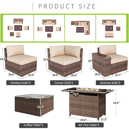 7 Piece Outdoor Wicker Patio Furniture Set with 44 " Fire Pit Table