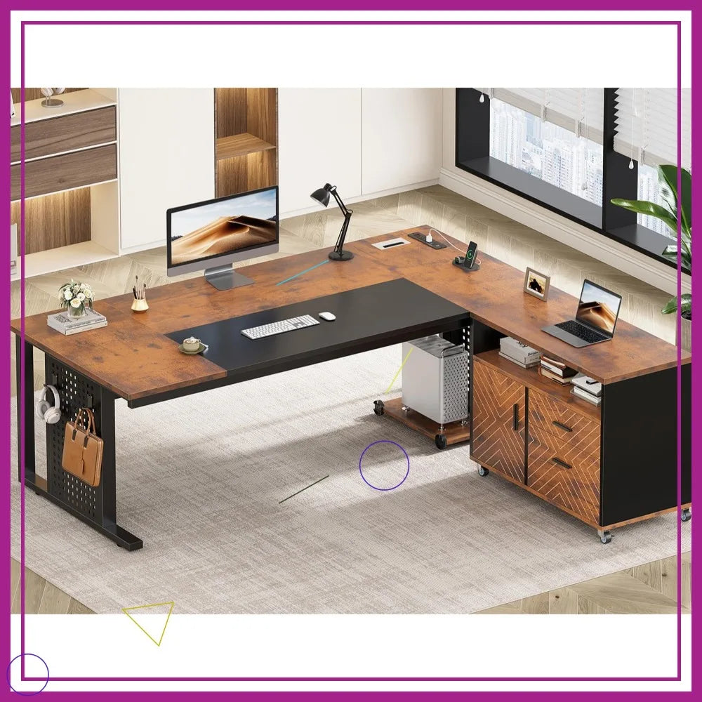 71" Rustic Brown L-Shaped Executive Desk with Rolling File Cabinet