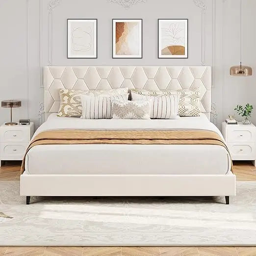 Beige King-Size Upholstered Headboard Bed Frame