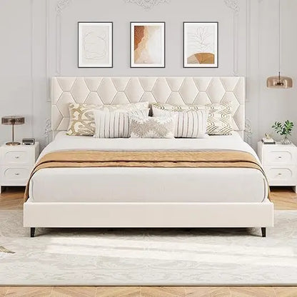 Beige King-Size Upholstered Headboard Bed Frame