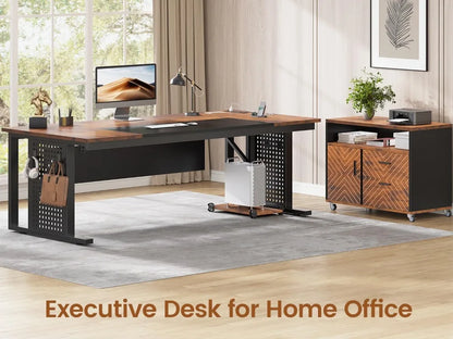 71" Rustic Brown L-Shaped Executive Desk with Rolling File Cabinet