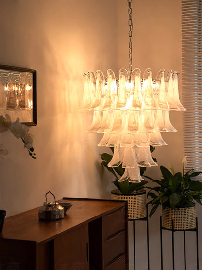 Cloudy White Glass Flower Petal Vintage Chandelier