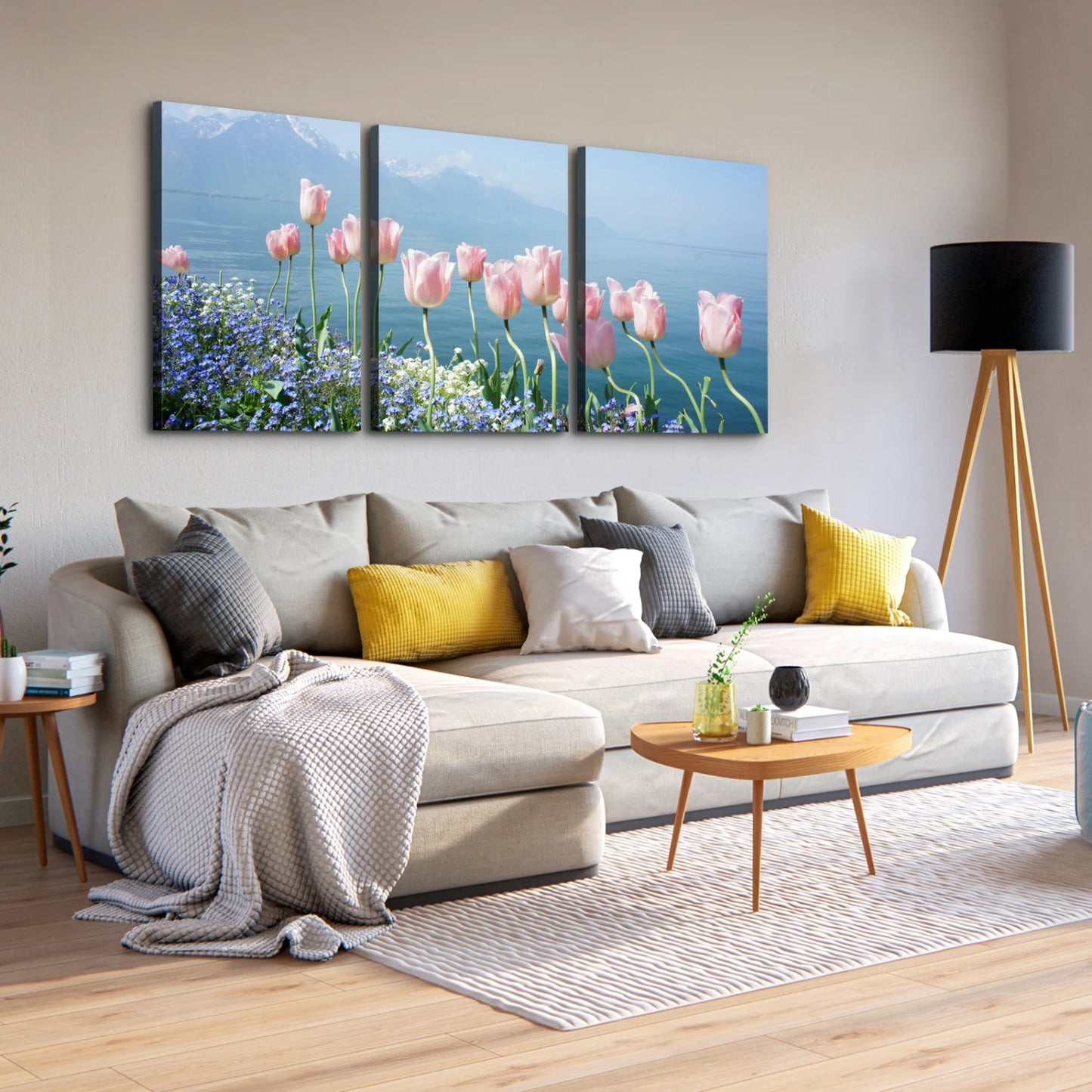 3 Panels Framed Pink Tulip Beside Sea Canvas Wall Art