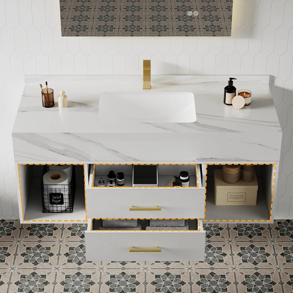 Modern Wall-Mounted White Stone Sink Vanity