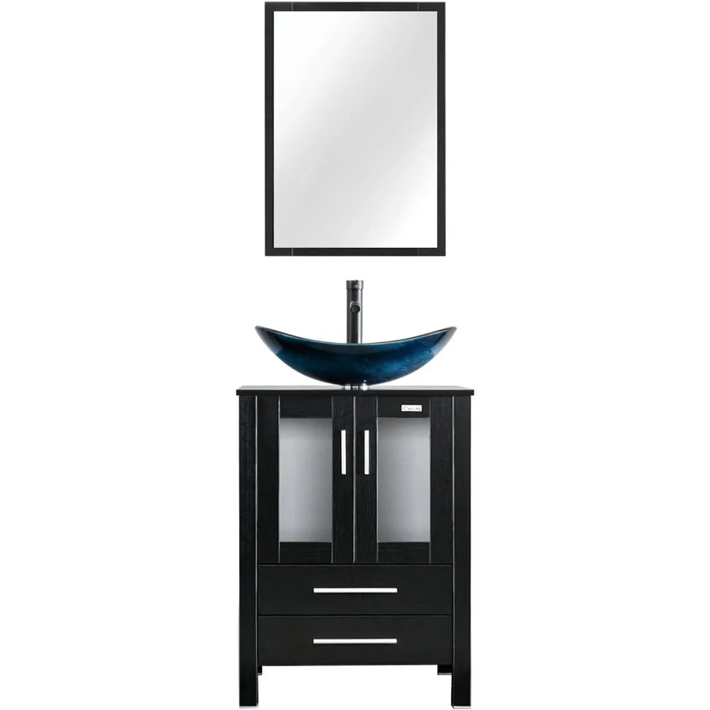 24" Modern Freestanding Blue Boat Glass Sink Combo Cabinet