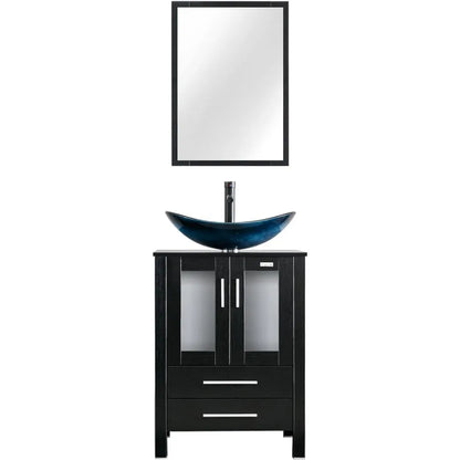 24" Modern Freestanding Blue Boat Glass Sink Combo Cabinet