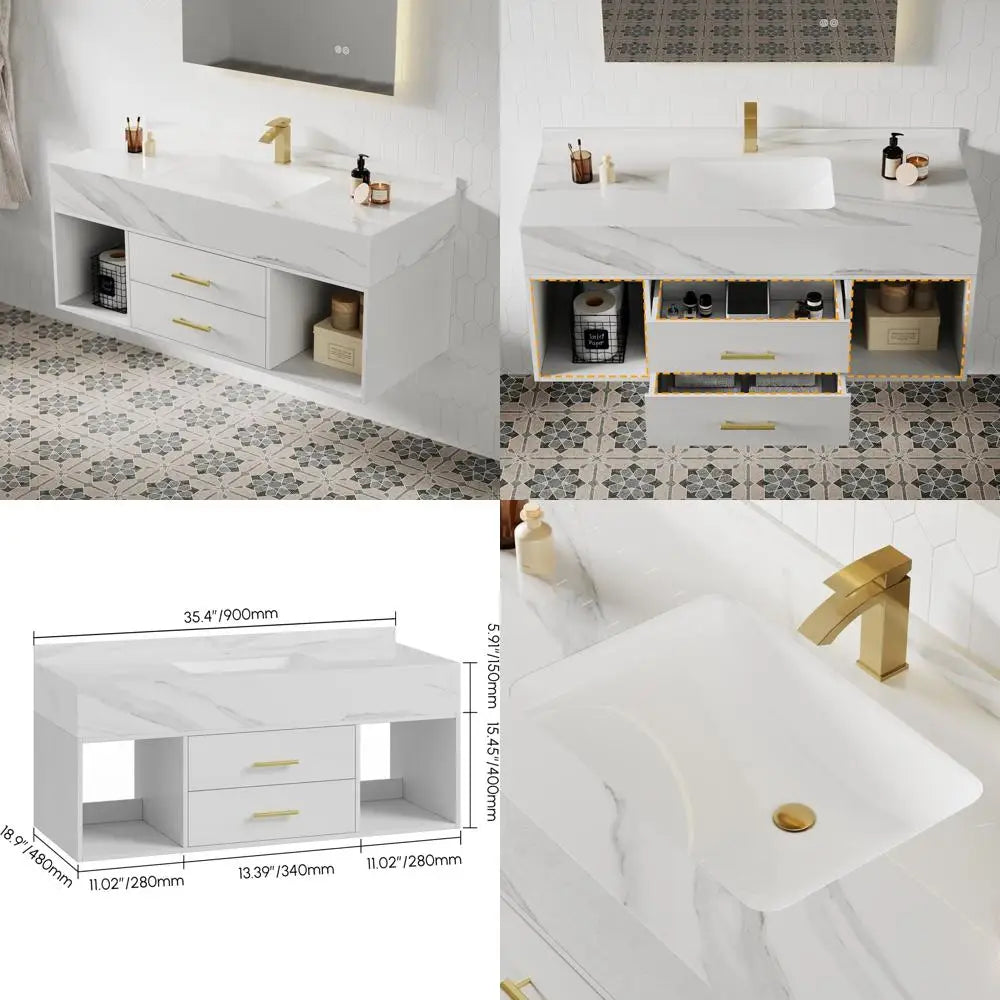 Modern Wall-Mounted White Stone Sink Vanity