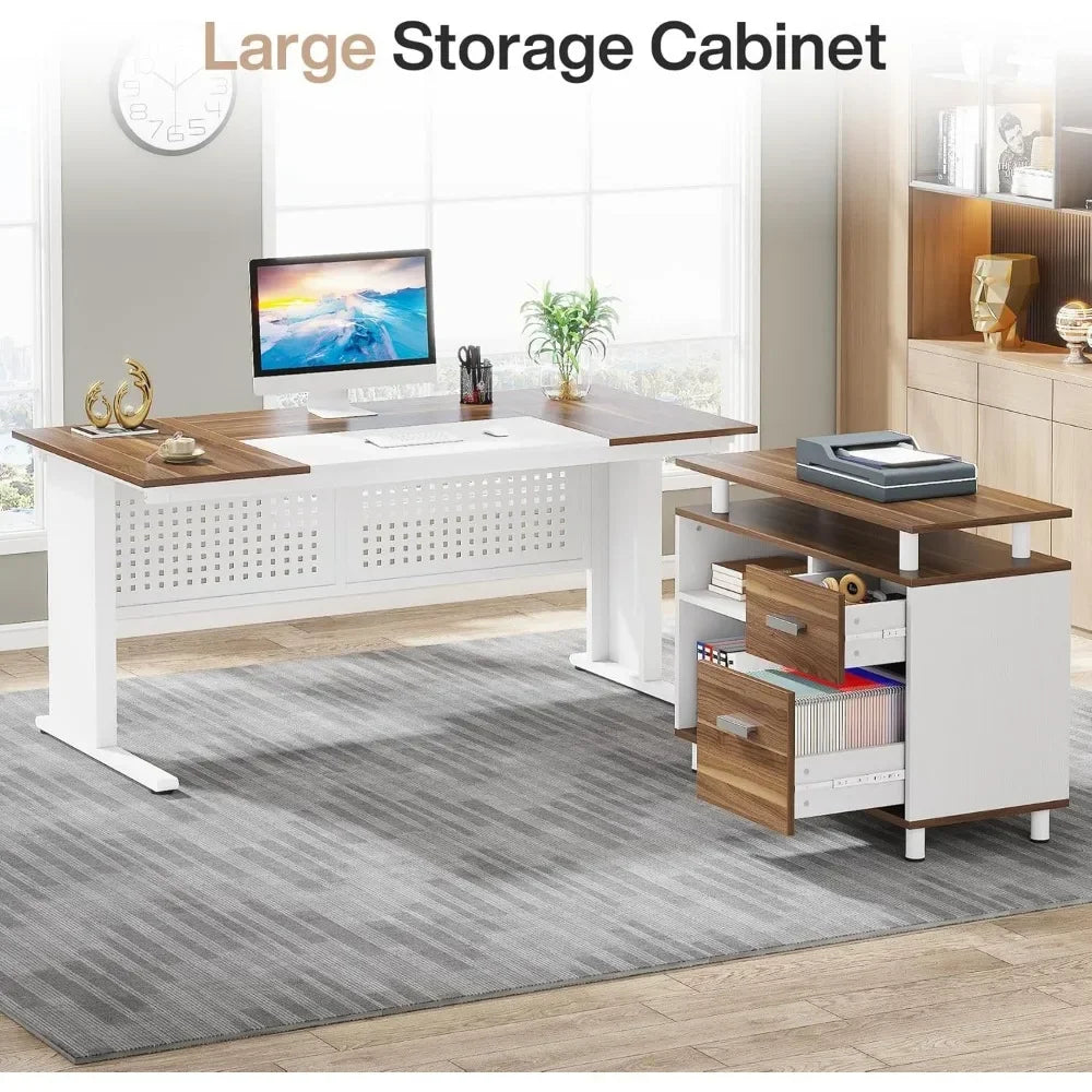 63" Executive L Shaped Office Desk with File Cabinet