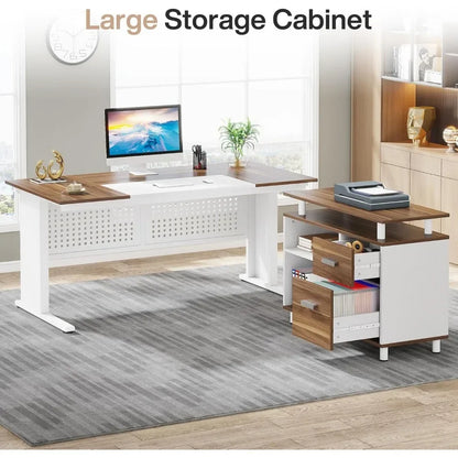 63" Executive L Shaped Office Desk with File Cabinet