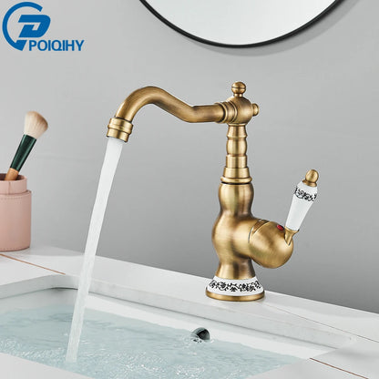 Antique Brass Rotating Spout Bathroom Faucet