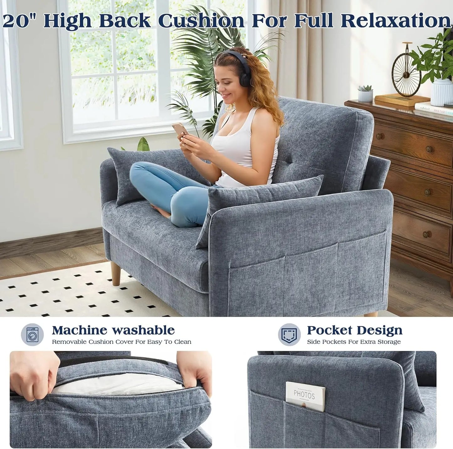 Comfy Chenille Fabric Love Seat for Bedroom with Throw Pillow
