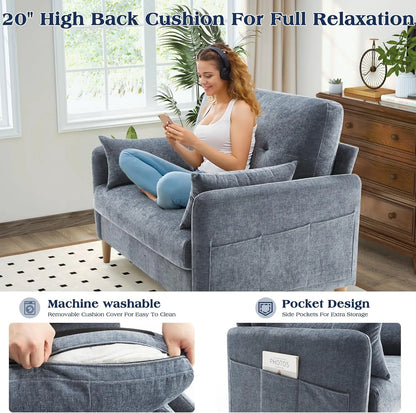 Comfy Chenille Fabric Love Seat for Bedroom with Throw Pillow