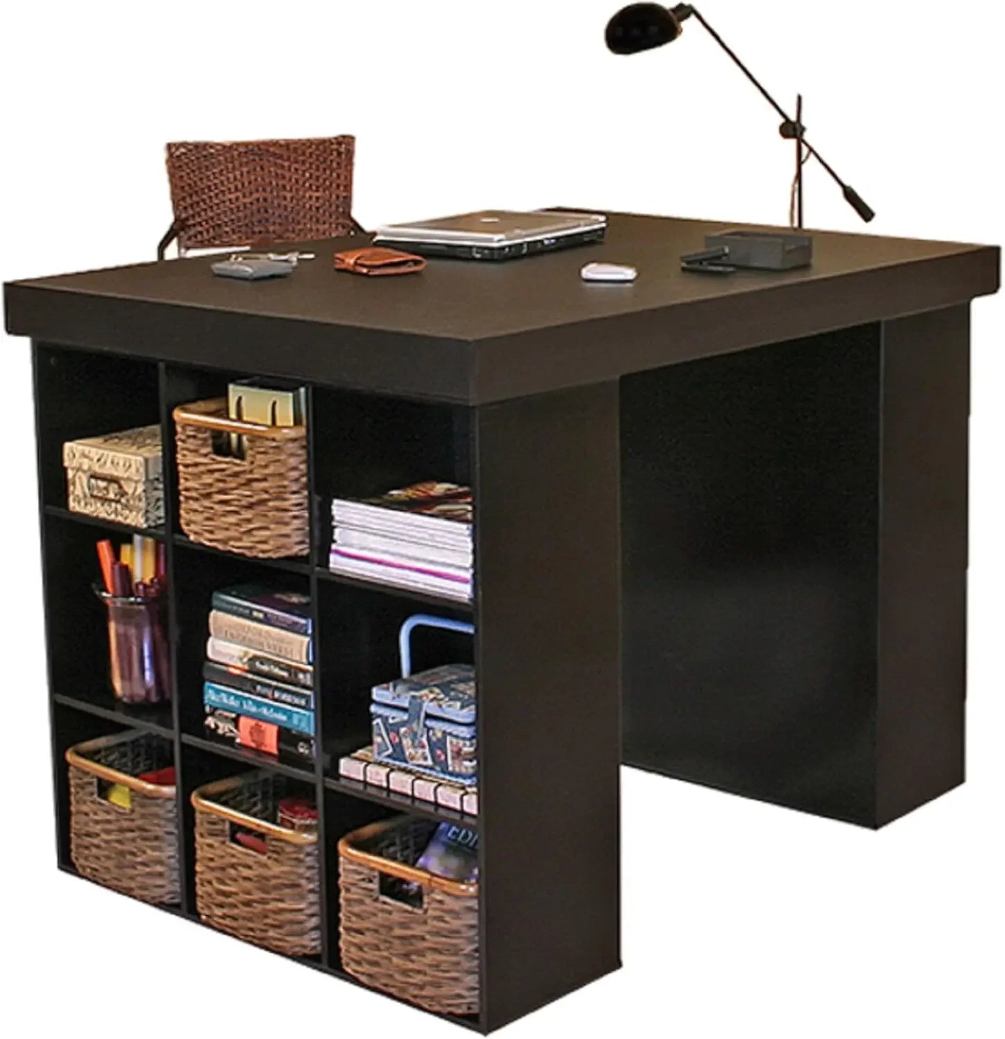 Project Center Desk with Two 9-Cubby Bookcase Sides