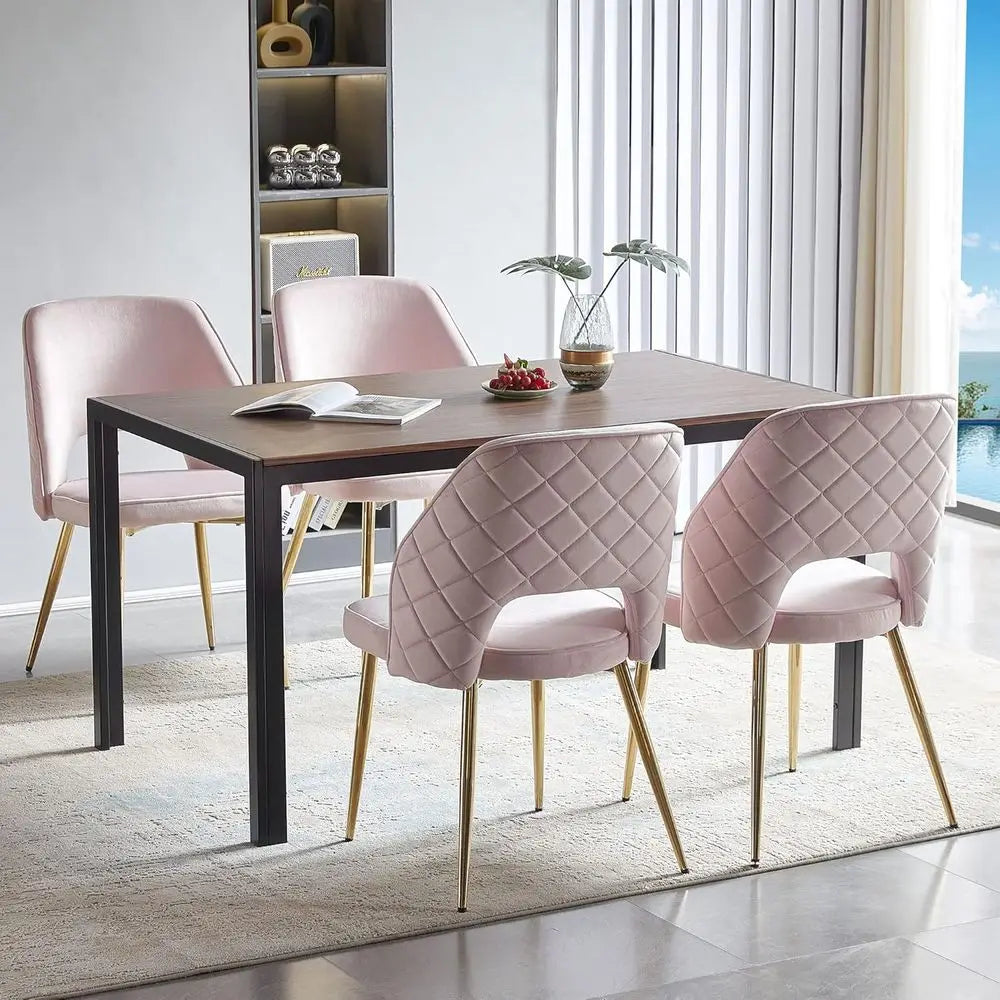 47" Walnut Sturdy Metal Frame Table with 4 Velvet Upholstered Dining Chairs
