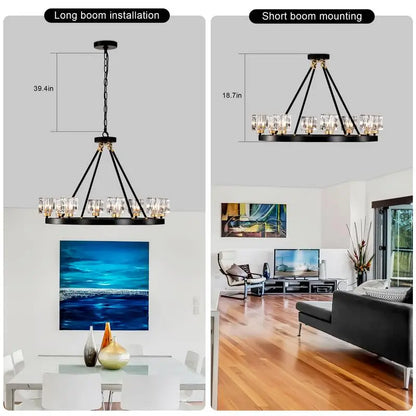 Matte Black & Gold Wagon Wheel Chandelier