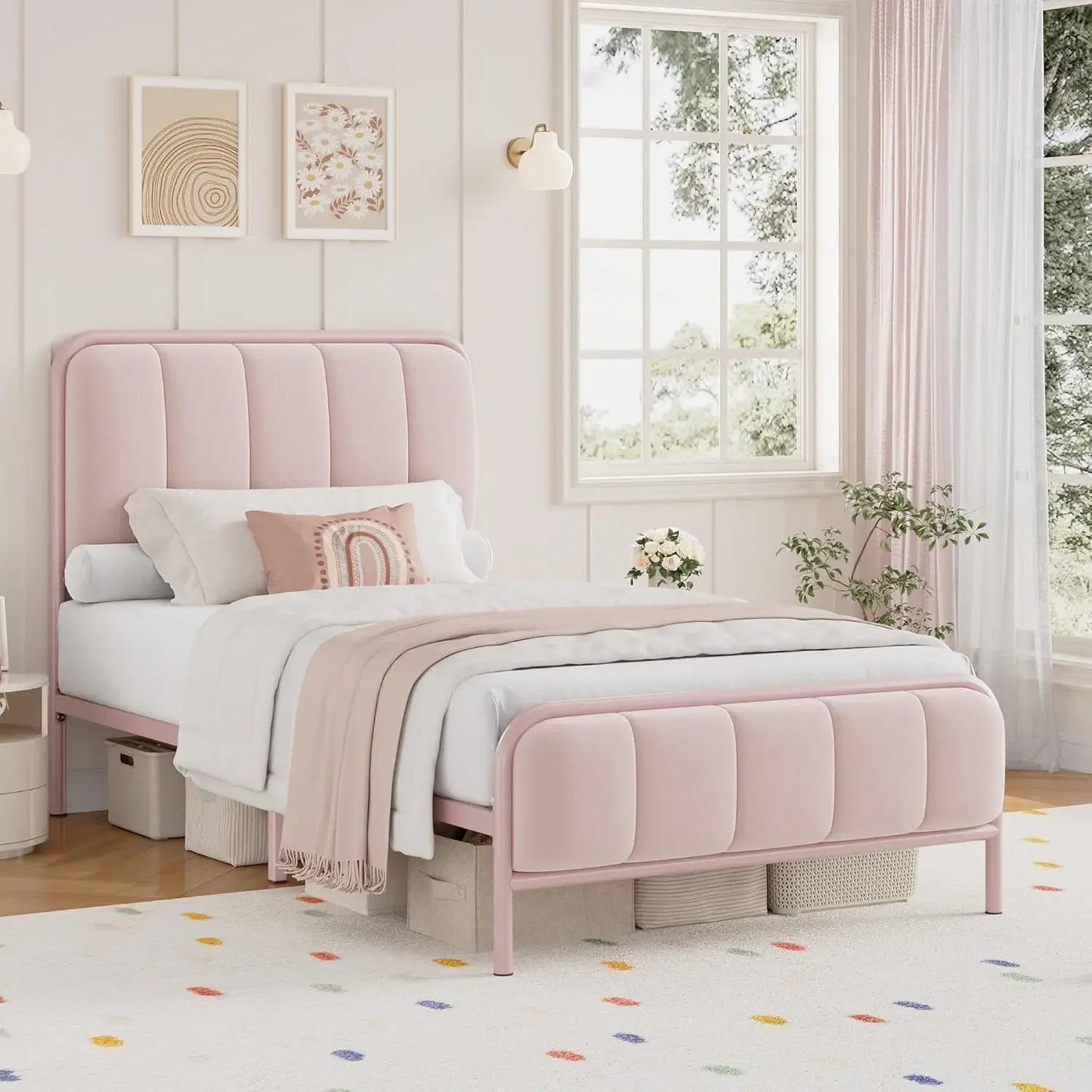 Tufted Upholstered Pink Bed Frame