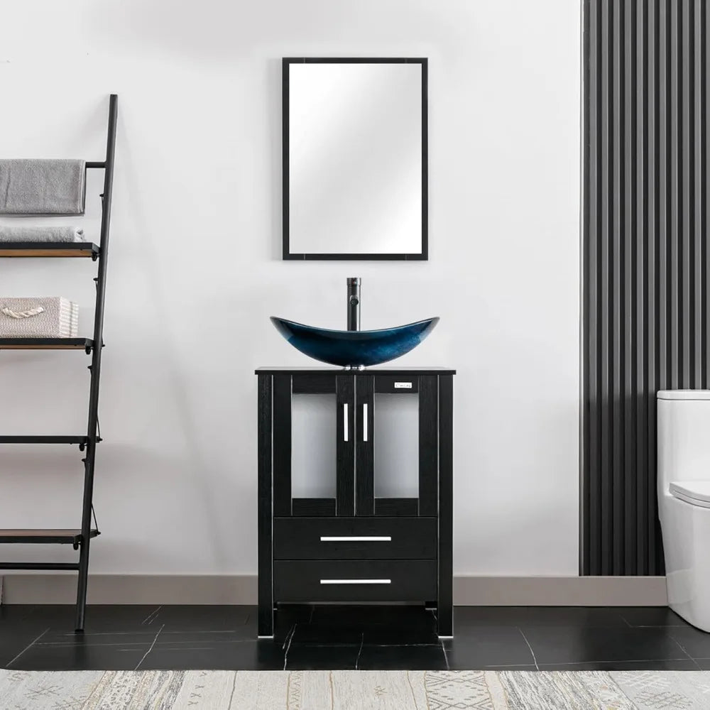 24" Modern Freestanding Blue Boat Glass Sink Combo Cabinet