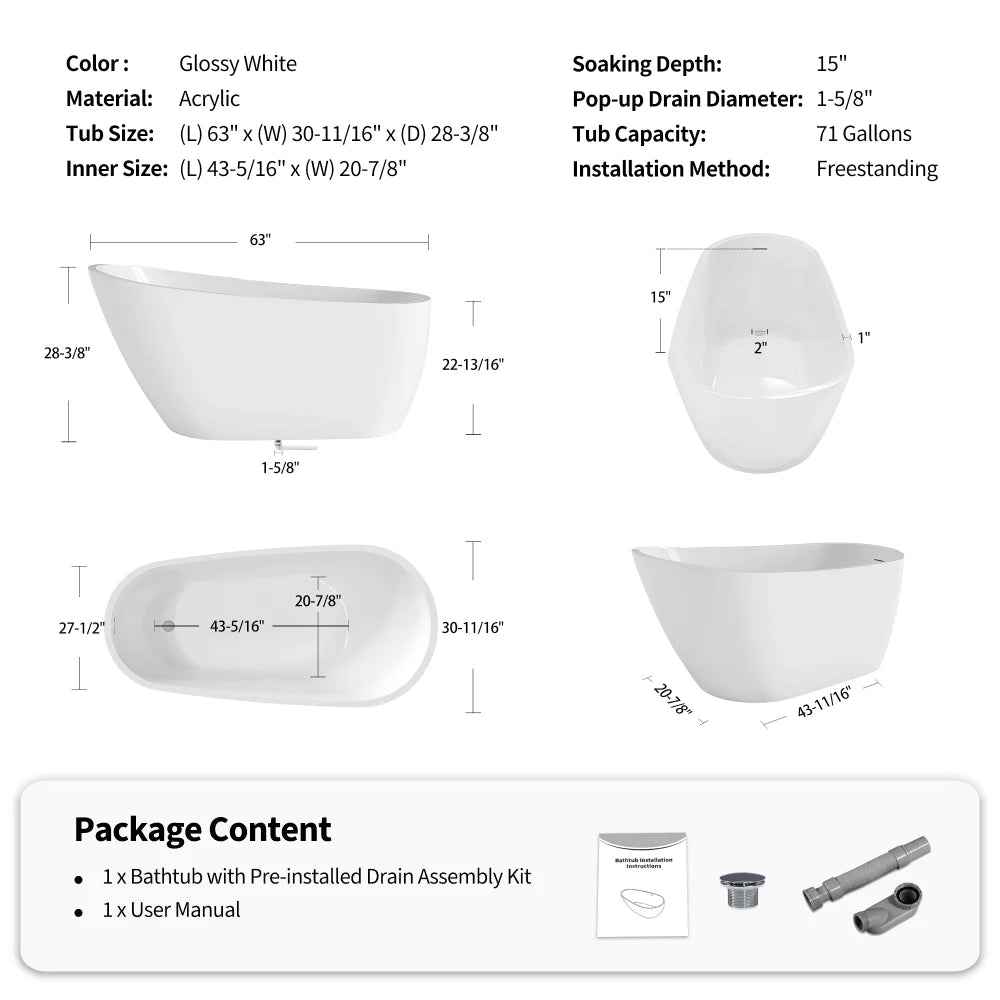 63" Acrylic Deep Soak Freestanding Tub