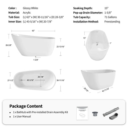 63" Acrylic Deep Soak Freestanding Tub