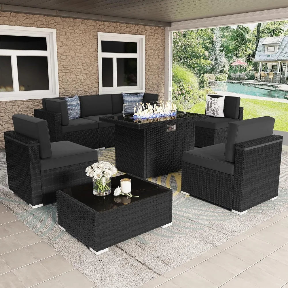 8 Pieces Patio Furniture Set w/ Propane Gas Fire Pit Table