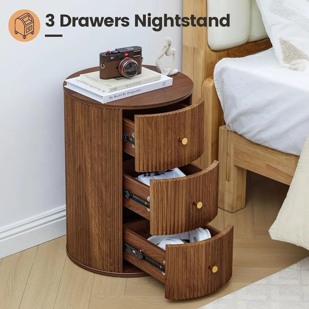2-Piece Walnut Round Nightstand End Table with 3 Storage Drawers, 15.75 for Living Room,  Drawer for Bedroom,  Sofa Side Table Set