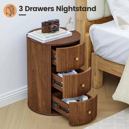 2-Piece Walnut Round Nightstand End Table with 3 Storage Drawers, 15.75 for Living Room,  Drawer for Bedroom,  Sofa Side Table Set