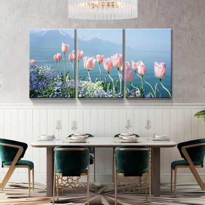 3 Panels Framed Pink Tulip Beside Sea Canvas Wall Art